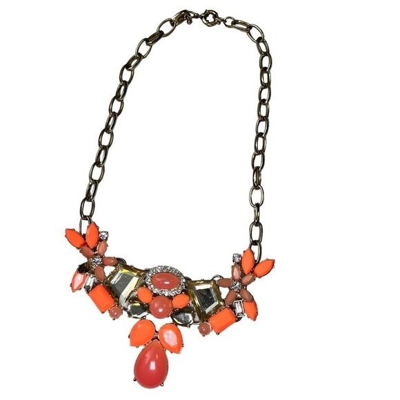 J Crew Statement Bib Necklace Orange Coral Gold Tone Rhinestone Stone - Picture 2 of 8